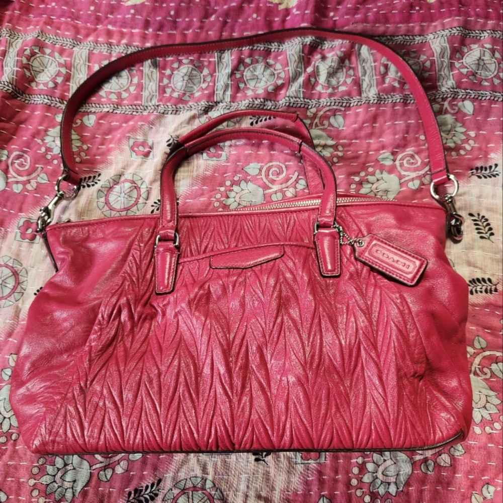 New Coach Gathered Soft Leather Tote Convertible Crossbody Purse DarkPink F29284